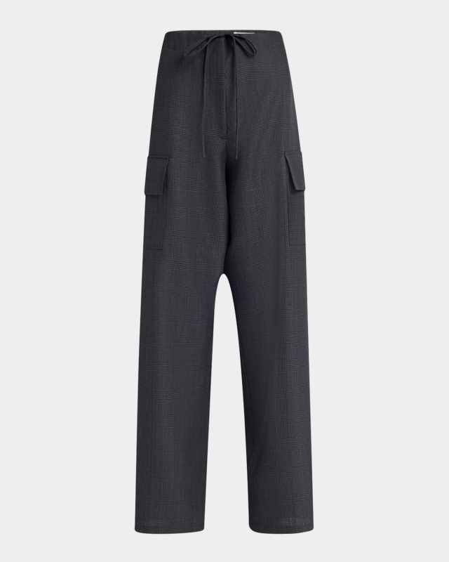 Check Drawstring Wide-Leg Cargo Trousers